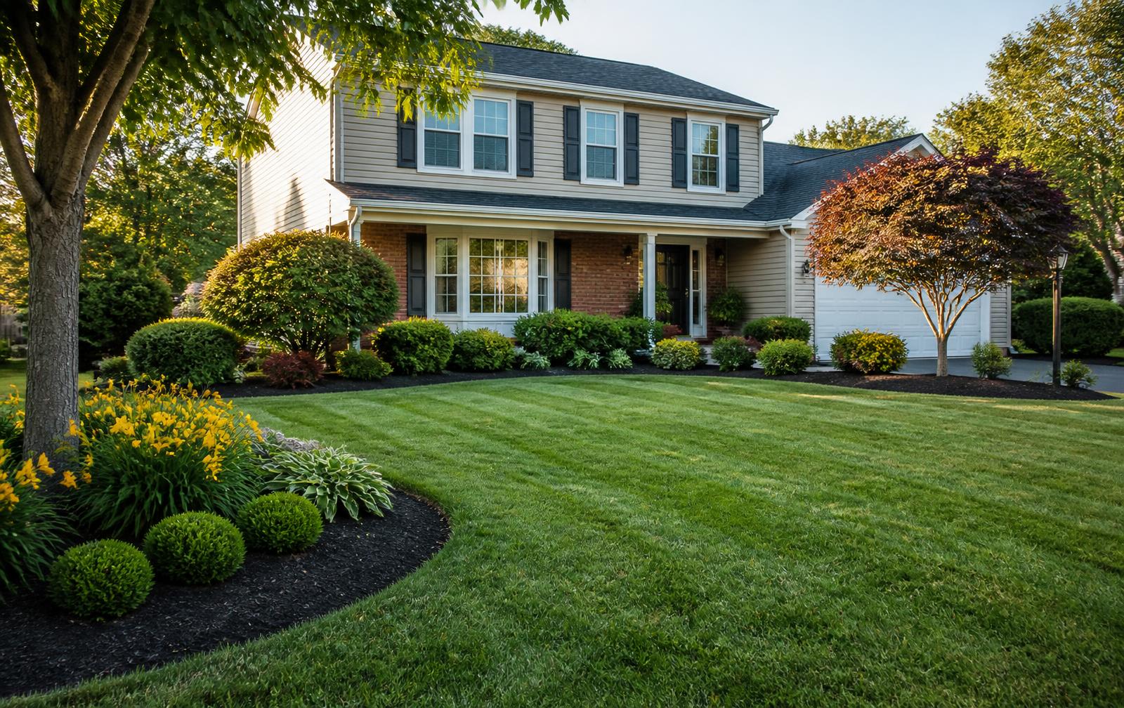 Freshly mowed lawn and mulched garden beds at a home in Manville, NJ